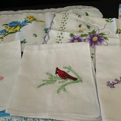 Lot of Floral and Bird Handkerchiefs and Antique Glass