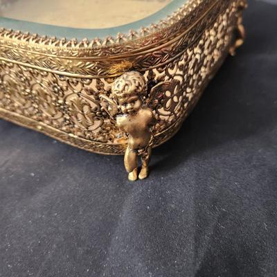 Vintage Filigree Beveled Glass Jewelry Trinket case w Cherub Feet