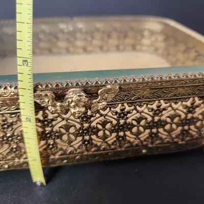 Vintage Filigree Beveled Glass Jewelry Trinket case w Cherub Feet