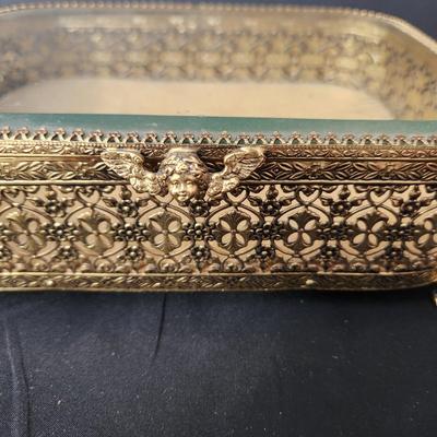 Vintage Filigree Beveled Glass Jewelry Trinket case w Cherub Feet