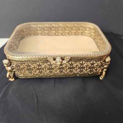 Vintage Filigree Beveled Glass Jewelry Trinket case w Cherub Feet