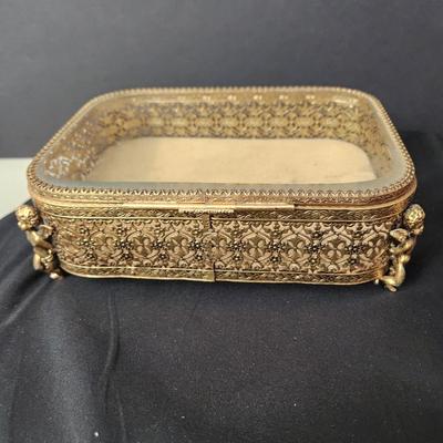 Vintage Filigree Beveled Glass Jewelry Trinket case w Cherub Feet