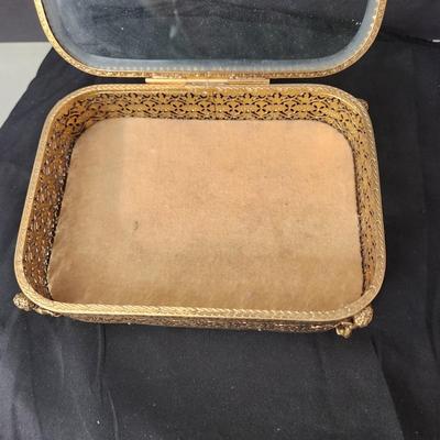 Vintage Filigree Beveled Glass Jewelry Trinket case w Cherub Feet