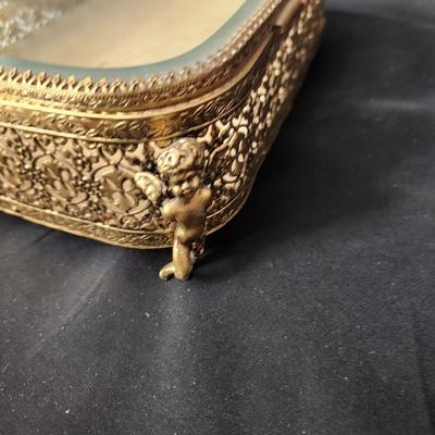 Vintage Filigree Beveled Glass Jewelry Trinket case w Cherub Feet