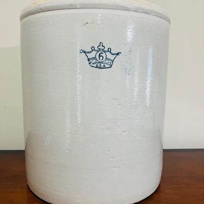 Antique 6Gallon Stoneware Crock Blue Crown~ READ MEASUREMENTS |