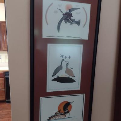 Framed Art Serigraph Triple Panel Canadian Wild Bird Theme by Abe Kakepetum