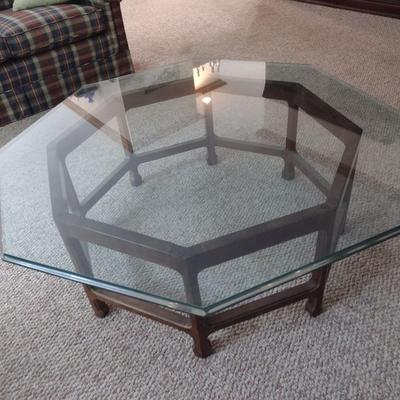 Octagonal Glass Top Coffee Table with Wood Base