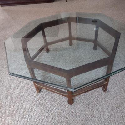 Octagonal Glass Top Coffee Table with Wood Base