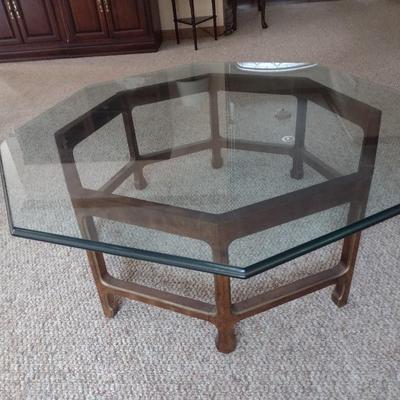Octagonal Glass Top Coffee Table with Wood Base