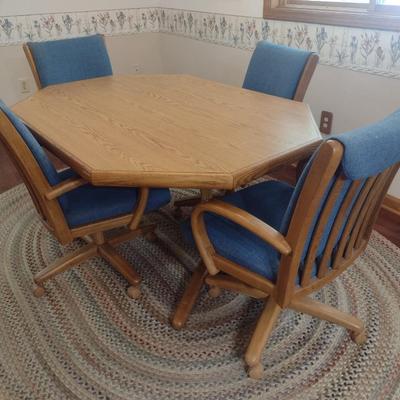 Octagonal Oak Wood Dining Table with Four Matching Chairs
