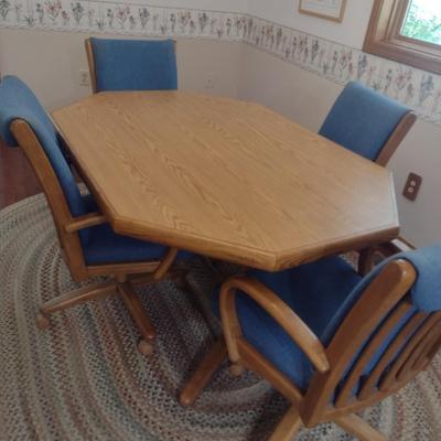 Octagonal Oak Wood Dining Table with Four Matching Chairs