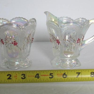 Beautiful Clear Carnival Glass Sugar and Creamer Set, Mosser Glass, Beaded Oval and Holly