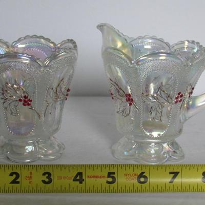 Beautiful Clear Carnival Glass Sugar and Creamer Set, Mosser Glass, Beaded Oval and Holly