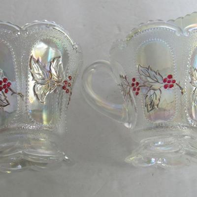 Beautiful Clear Carnival Glass Sugar and Creamer Set, Mosser Glass, Beaded Oval and Holly