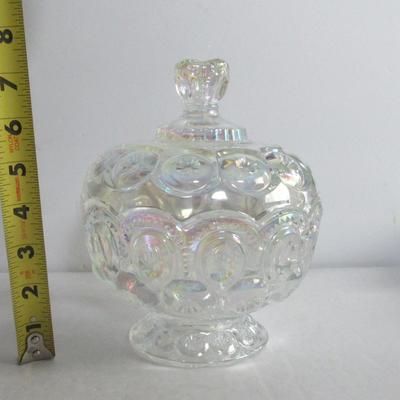 Smith Clear Carnival Glass Covered Candy Dish, Moon and Star Pattern