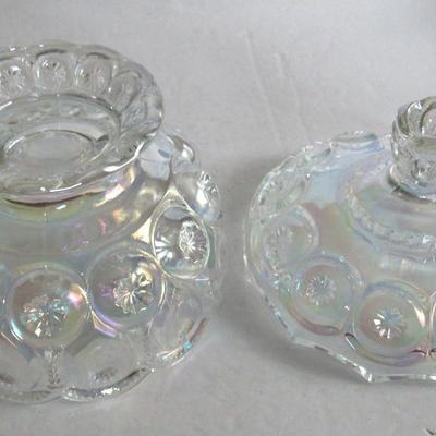 Smith Clear Carnival Glass Covered Candy Dish, Moon and Star Pattern