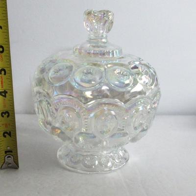 Smith Clear Carnival Glass Covered Candy Dish, Moon and Star Pattern