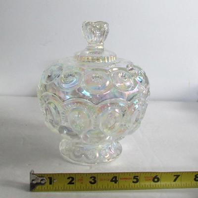 Smith Clear Carnival Glass Covered Candy Dish, Moon and Star Pattern