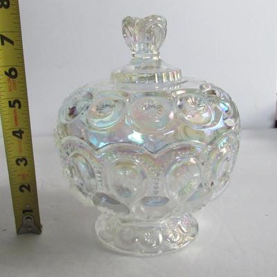 Smith Clear Carnival Glass Covered Candy Dish, Moon and Star Pattern