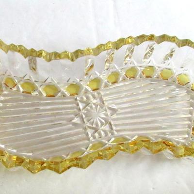 Old Pressed Glass Relish Dish, Yellow and Clear Glass