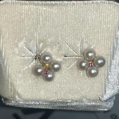 14K Pearl & Ruby Earrings