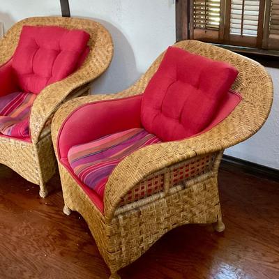 Wicker rattan chairs, mid century chairs with red and striped upholstery