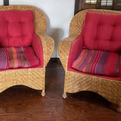 Wicker rattan chairs, mid century chairs with red and striped upholstery