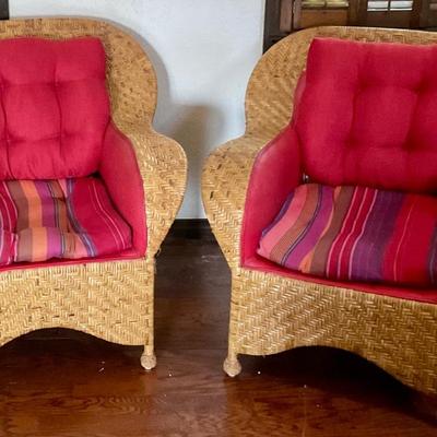 Wicker rattan chairs, mid century chairs with red and striped upholstery