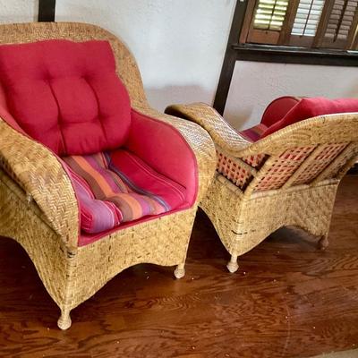 Wicker rattan chairs, mid century chairs with red and striped upholstery
