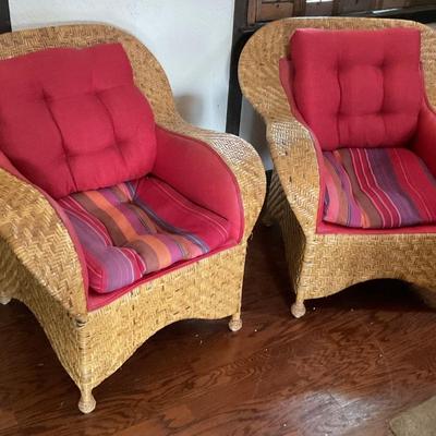 Wicker rattan chairs, mid century chairs with red and striped upholstery