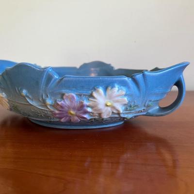 1940s Roseville Pottery Cosmos Blue 372 Double Handle Console Bowl