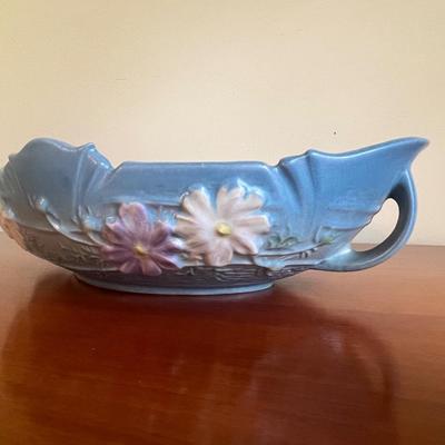 1940s Roseville Pottery Cosmos Blue 372 Double Handle Console Bowl