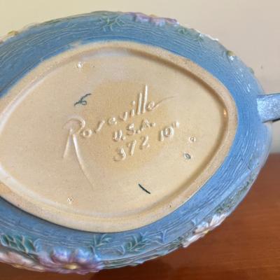 1940s Roseville Pottery Cosmos Blue 372 Double Handle Console Bowl