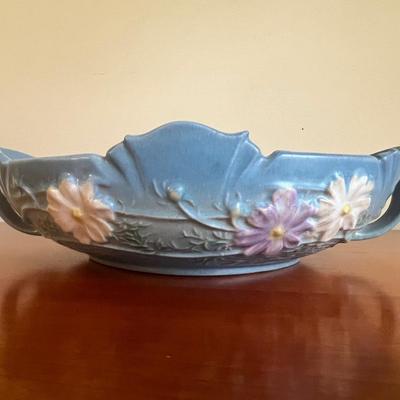 1940s Roseville Pottery Cosmos Blue 372 Double Handle Console Bowl