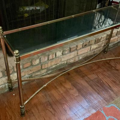 Brass and glass long sofa table, made by Hammary furniture