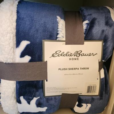 2 Eddie Bauer Plush Sherpa Throw 60" x 70" Blue White Bears Pine Trees
