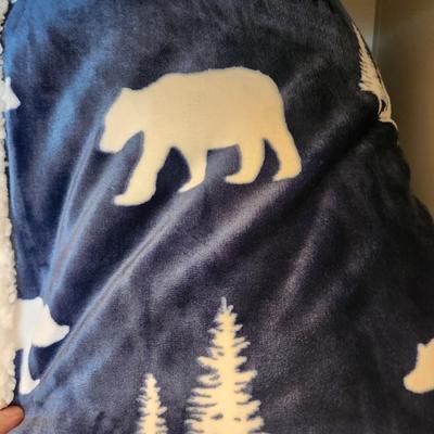 2 Eddie Bauer Plush Sherpa Throw 60" x 70" Blue White Bears Pine Trees