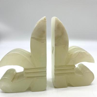 White Onyx Fleur De Lis Bookends & Books