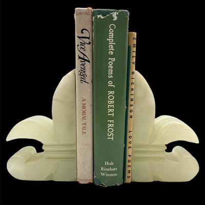 White Onyx Fleur De Lis Bookends & Books