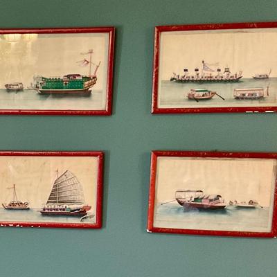 Set of Chinese paintings of Junk Boats on pith paper with red frames