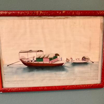 Set of Chinese paintings of Junk Boats on pith paper with red frames