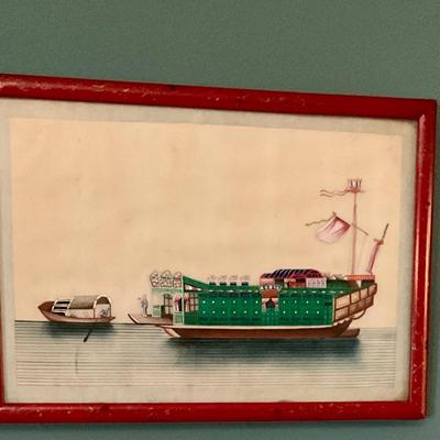 Set of Chinese paintings of Junk Boats on pith paper with red frames