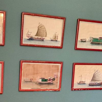 Set of Chinese paintings of Junk Boats on pith paper with red frames