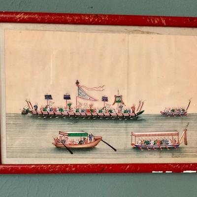 Set of Chinese paintings of Junk Boats on pith paper with red frames