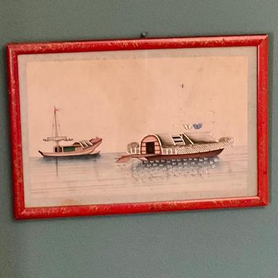 Set of Chinese paintings of Junk Boats on pith paper with red frames