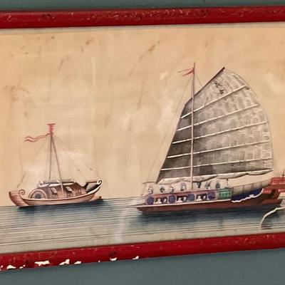Set of Chinese paintings of Junk Boats on pith paper with red frames