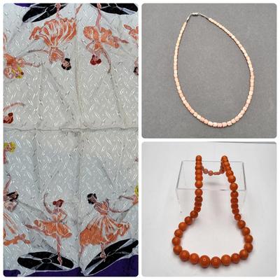 Coral Colored Bakelite? Coral Tulip Necklace & Vintage Ballerina Scarf