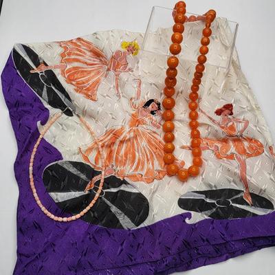 Coral Colored Bakelite? Coral Tulip Necklace & Vintage Ballerina Scarf