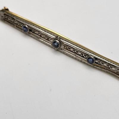 14k Gold & Blue Sapphire Antique Bar Pin 3.9gr