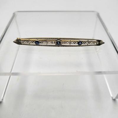 14k Gold & Blue Sapphire Antique Bar Pin 3.9gr